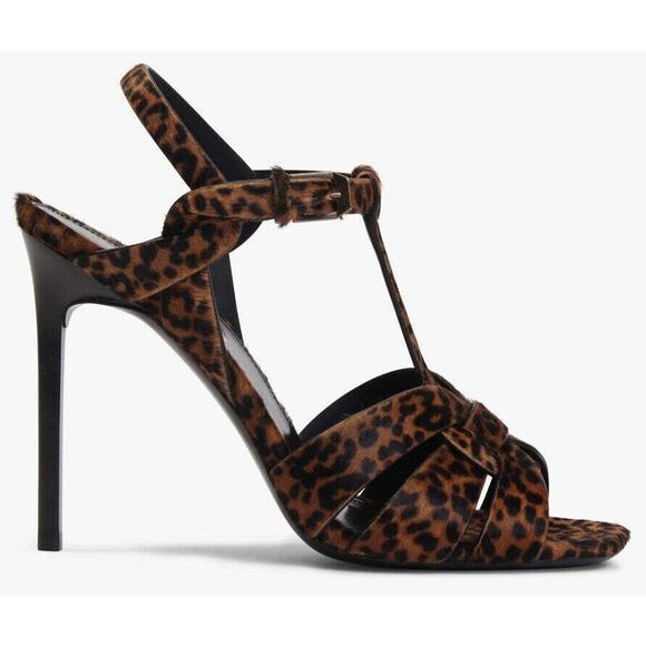 Saint Laurent YSL Tribute Black Brown Leopard Pony T Strap Sandal Heel Pump 39.5 - Picture 3 of 12